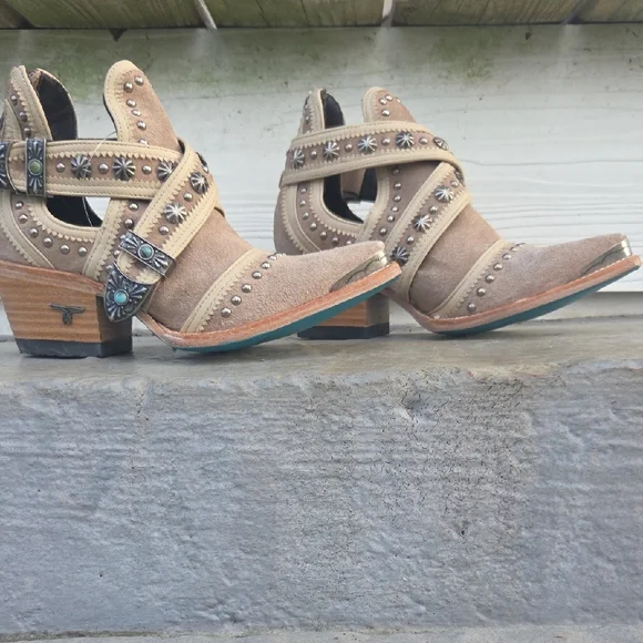 Lane Boots Tan Studded Leather Ankle Booties - Turquoise Soles - Picture 4 of 11